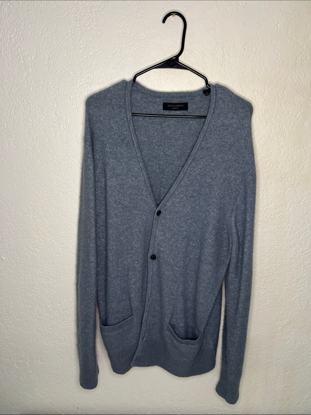 All Saints Men’s Heather Blue V-Neck Button Cardigan